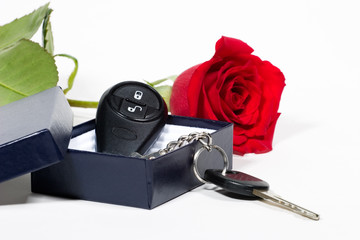 car keys and roses bouquet