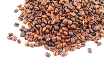 spilled coffee beans on white