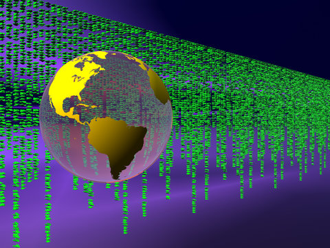 binary code over the internet, world globe.
