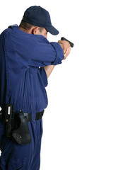 security officer aiming a gun