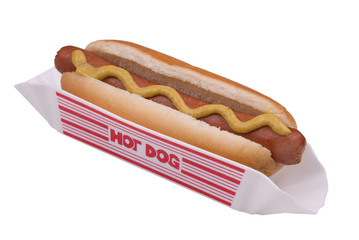 hot dog in a bun inside a hotdog holder