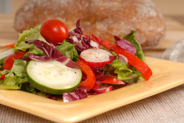 a side view of a crisp healthy salad on a yellow plate with rust