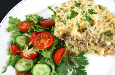 tuna and pasta bake with salad
