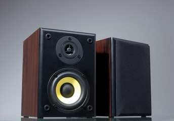 Fototapeta premium audio speakers on gray background with reflection