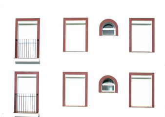 windows with red frames