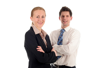 businesswoman and businessman, smiling