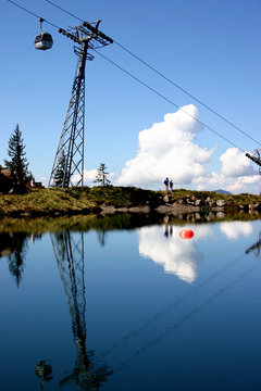 cable car reflected in mountaintop lake