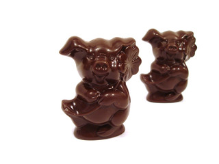 chocolate pig with flower over white background