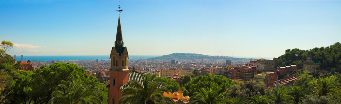 panorama from barcelona city from park guell by gaudi