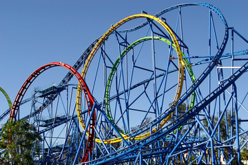roller coaster tracks with multiple loops, amusement park