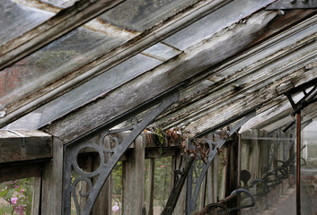 decaying wooden greenhouse interior