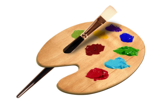 k&uuml;nstlerpalette mit ein malpinsel und verschiedenen &ouml;lfarben isoliert auf wei&szlig;em hintergrund 