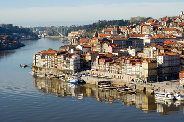 view of douro river embankment of porto city, portugal - obrazy, fototapety, plakaty