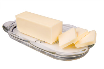 sliced butter on a glass dish
