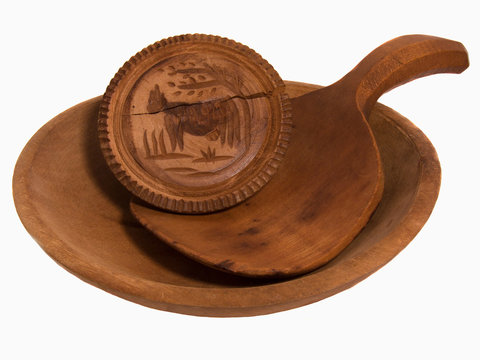 antique wooden butter stamp, scoop, bowl