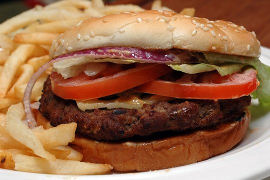 angus beef burger with french fries