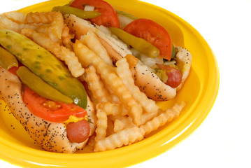 chicago style hot dogs with french fries on yellow plate