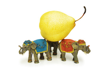 three elephants holding yellow pear isolated on white
