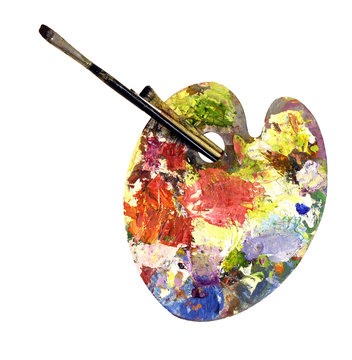 a painter's palette, covered with vibrant, mixed colors of oil paint