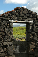 window of a house in ruins in the azores