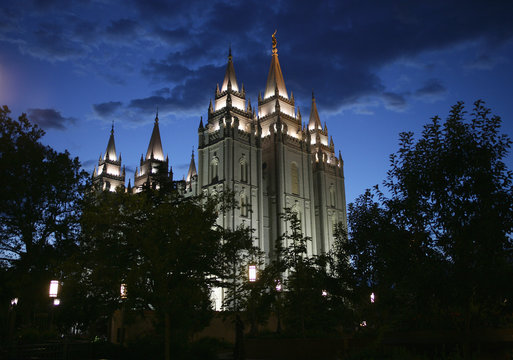 Salt Lake Temple at night, Utah, USA