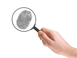 fingerprint and magnifying glass in hand