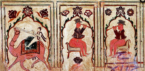 india, mandawa: colourful frescoes  on the walls