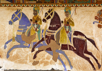india, mandawa: colourful frescoes  on the walls