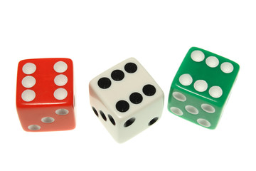 three sixes, dice isolated on a white background.