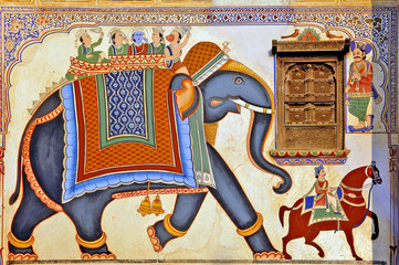 Indien, Mandawa: bunte Fresken an den Wänden
