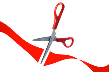 scissors cut red ribbon in grand opening - obrazy, fototapety, plakaty