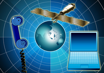 phone laptop globe linked by satellite © Redwater Vectors