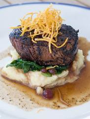 fillet steak with mashed potato, spinach and gravy
