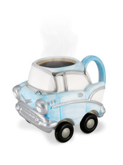 vintage car coffee cup with steaming coffee