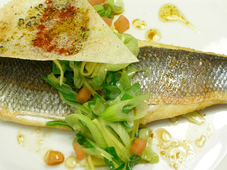 fillet of sea bass with spring onions and soy sauce