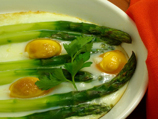 fried eggs with green asparagus