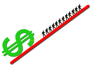 workers pulling dollar sign