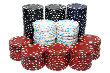 lots of poker chip stacks, isolated on a white bac