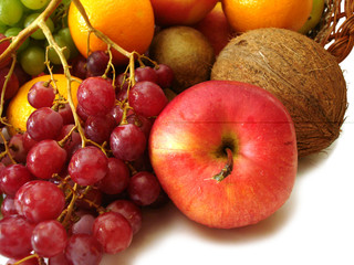 set of fresh fruits (red apple, coco, grapes and orange)