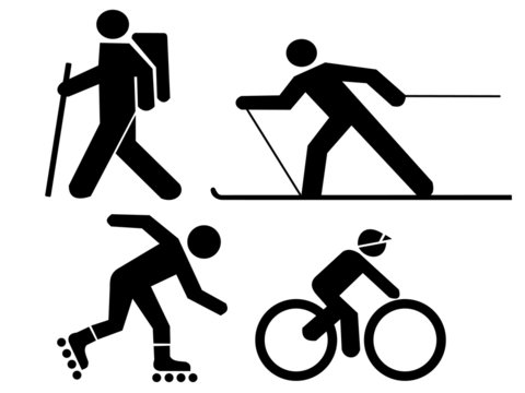 figures exercising hiking skiing skating and cycli