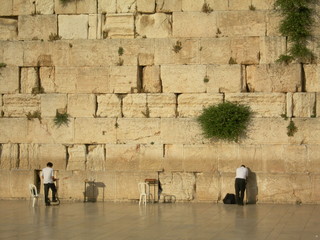 hommes priant devant le mur des lamentations