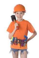 the child in a helmet with tools on a white background