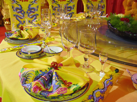 Details Of A Chinese Wedding Banquet Table Setting