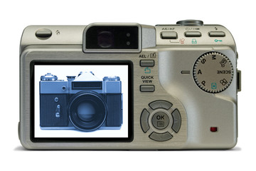 old film camera on display of modern digital camera