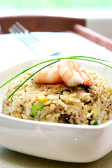 a bowl of prawn, mushroom and egg stir fried