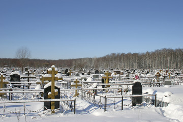 snow-clad graveyard in winter