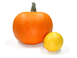 pumpkin and lemon on white background (+ clipping path)