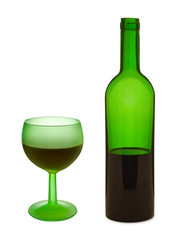 green glass with red wine and bottle