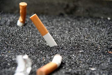 closeup of cigarettes in ashtray