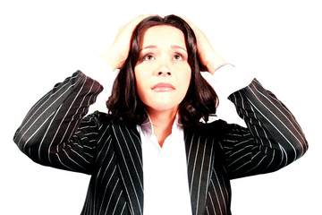 beautiful brunette business woman stressed and overworked